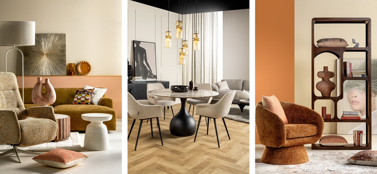 De Delphi eettafel met de Jans eetkamerstoelen, de Feng wandkast met de Mara draaifauteuil en de Juna relaxfauteuil