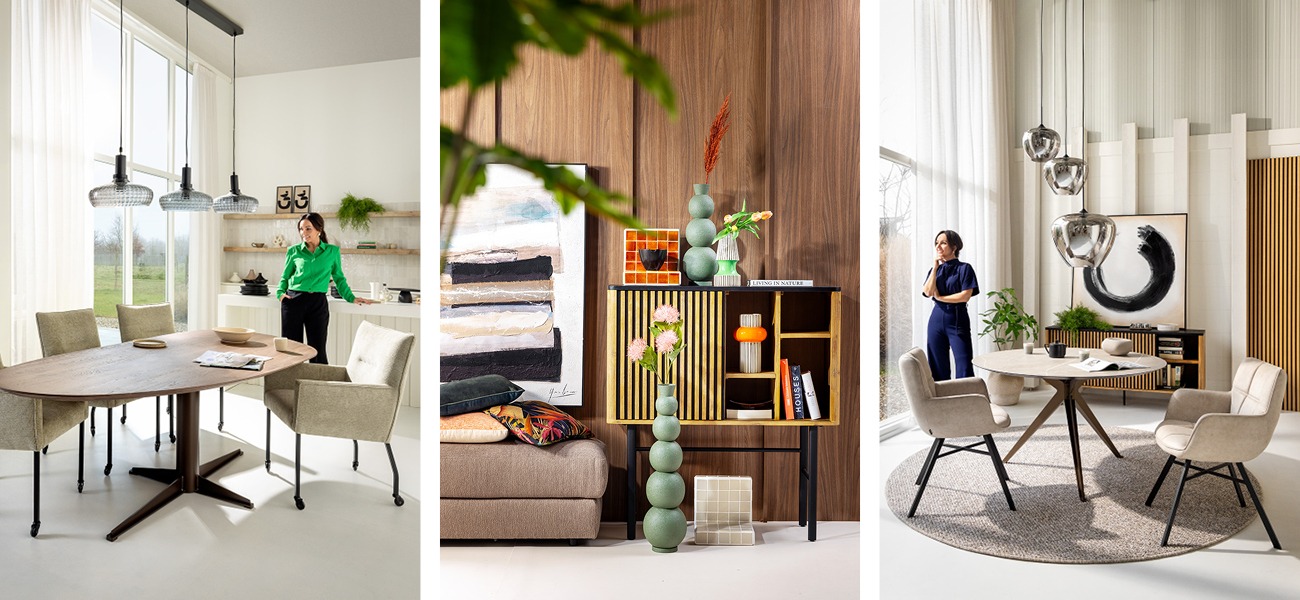 Tafelconcept Table+ met de Hidde stoelen, het Larvik highboard en de Malou eetkamerstoelen